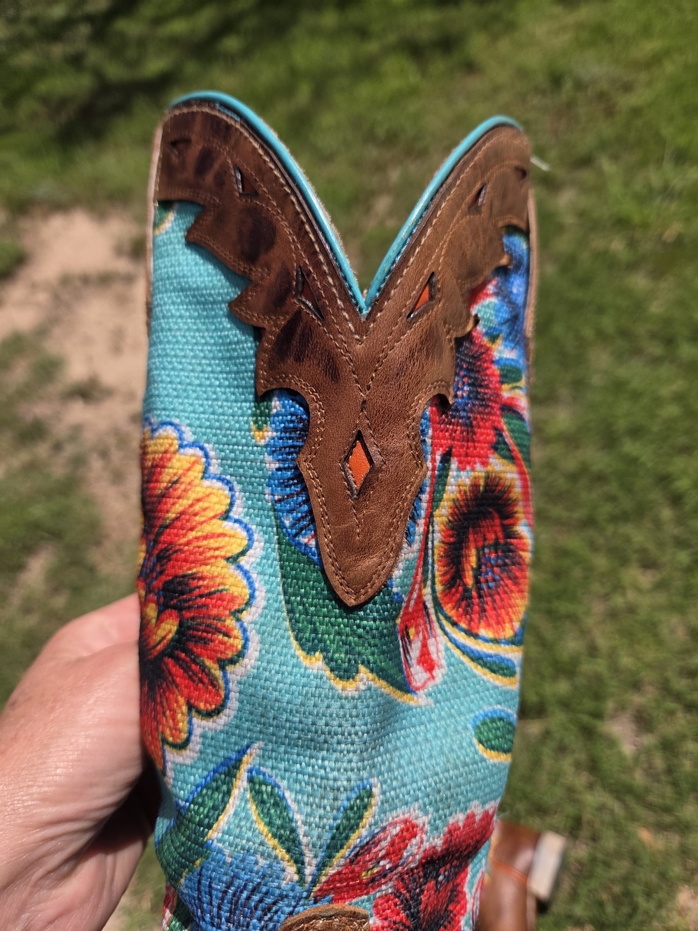Ariat Brown Leather Wide Square Toe Boots with Turquoise Floral Shaft - Picture 6 of 14